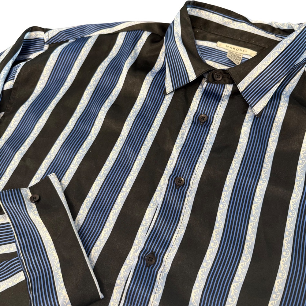 Marquis Mens 2XL Blue Black Striped Scroll Print Microfiber Button Down Shirt